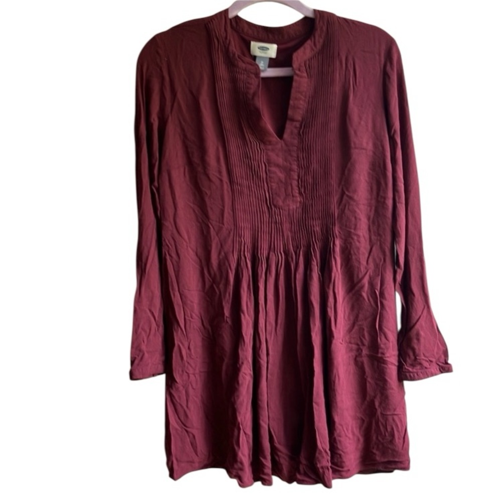 Old Navy Pleated Tunic Size M Tall Mandarin Collar Pintuck Blouse Burgundy Fall